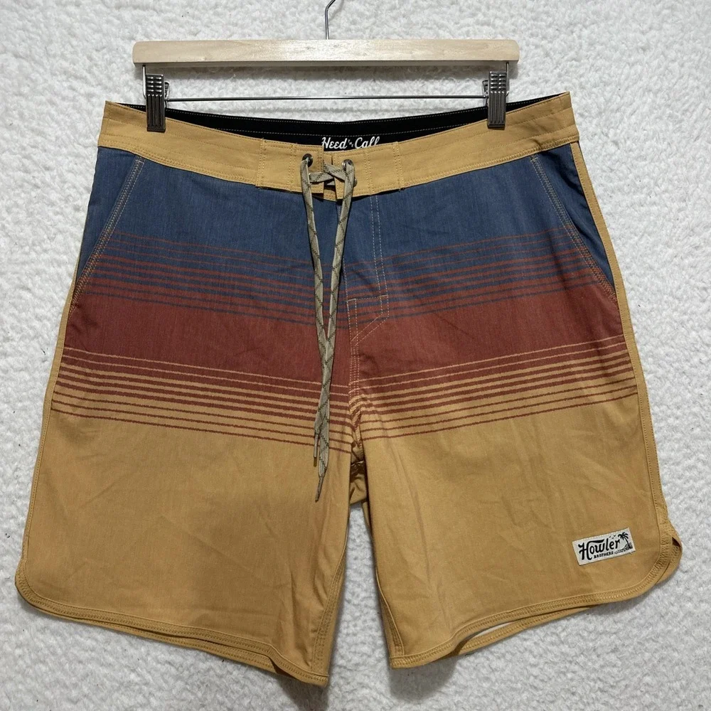Howler Bros Bruja Boardshorts Men's 38 Meridians Old Gold Stripes‎ Pockets Logo